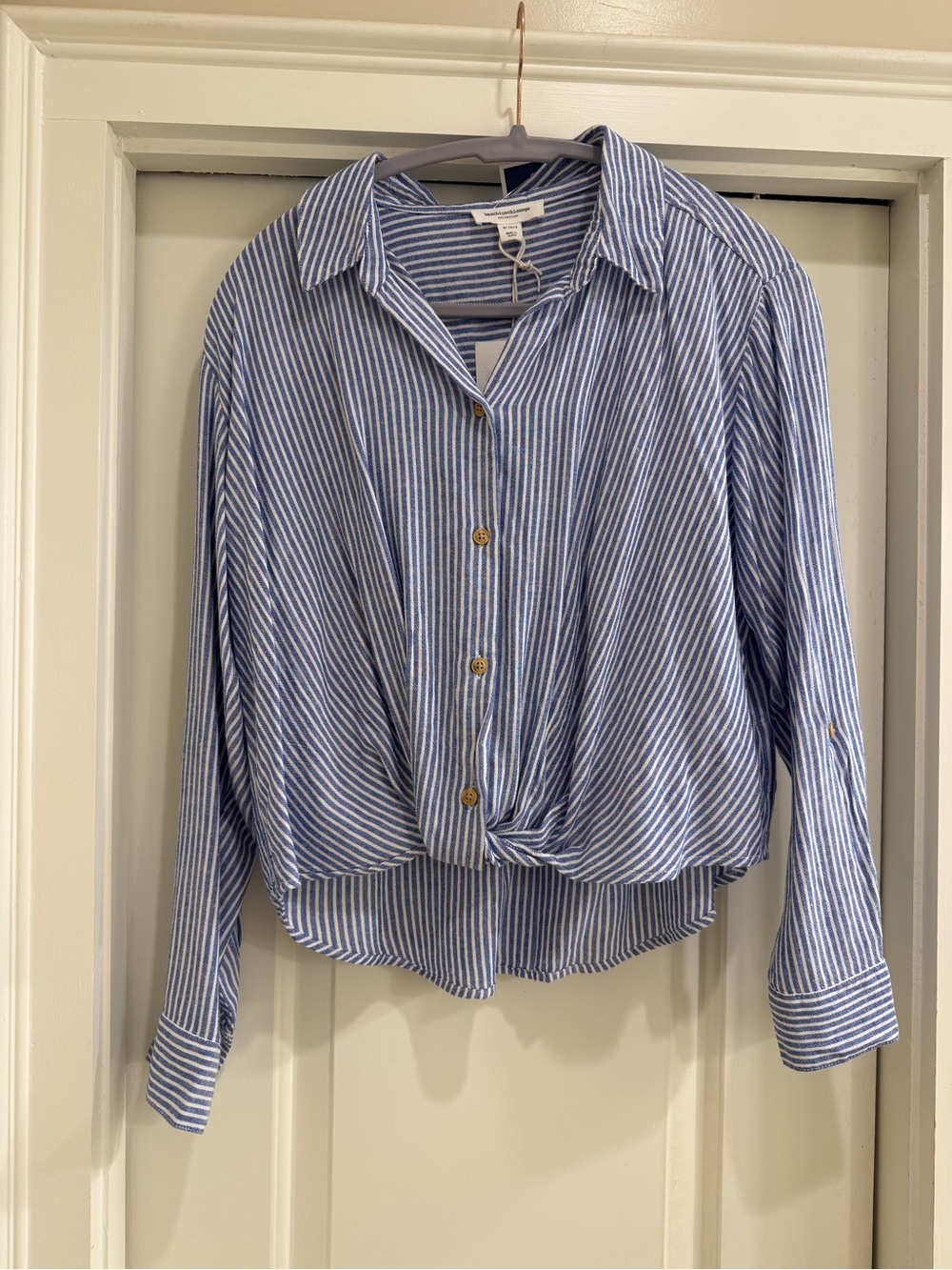 beachlunchlounge Vivica Blue and White Striped Twist-Front Button Down Shirt